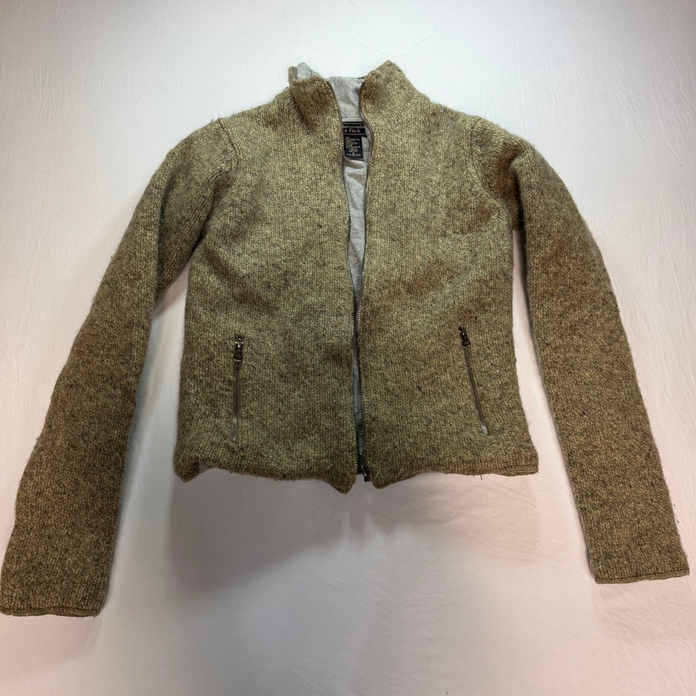 Abercrombie & Fitch Cropped Full-Zip Sweater Women's Small Green Lambswool Blend